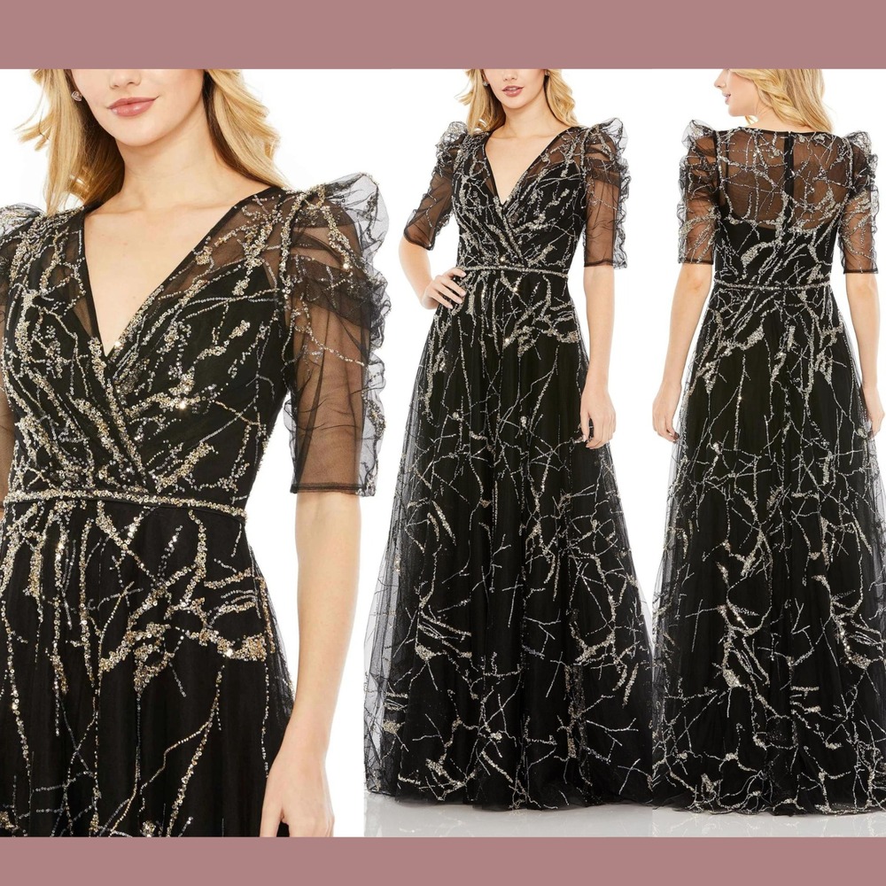 NWT Mac‎ Duggal [ 16 ] 20428 Embellished Gathered Puff Sleeve Wrap Gown J1618